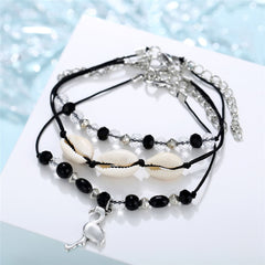 Black Resin & Pukka Shell Silver-Plated Crane Anklet Set