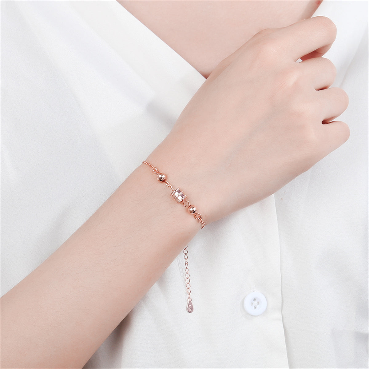 Cubic Zirconia and 18K Rose Gold-Plated Cylinder Charm Bracelet, rose gold bracelet for women, lifestyle look