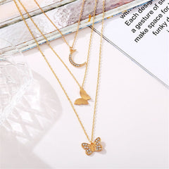 Cubic Zirconia & 18K Gold-Plated Moon Butterfly Layered Pendant Necklace