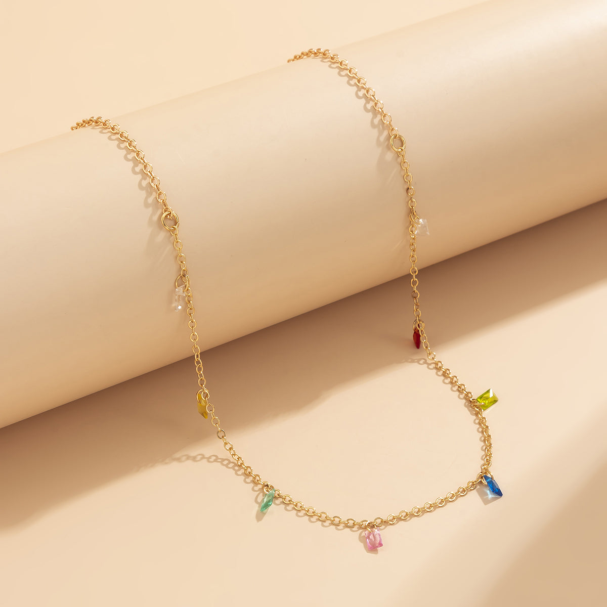 Rainbow Crystal and 18K Gold-Plated Station Necklace, chunky gold choker necklace, elegant gift for her, styled look