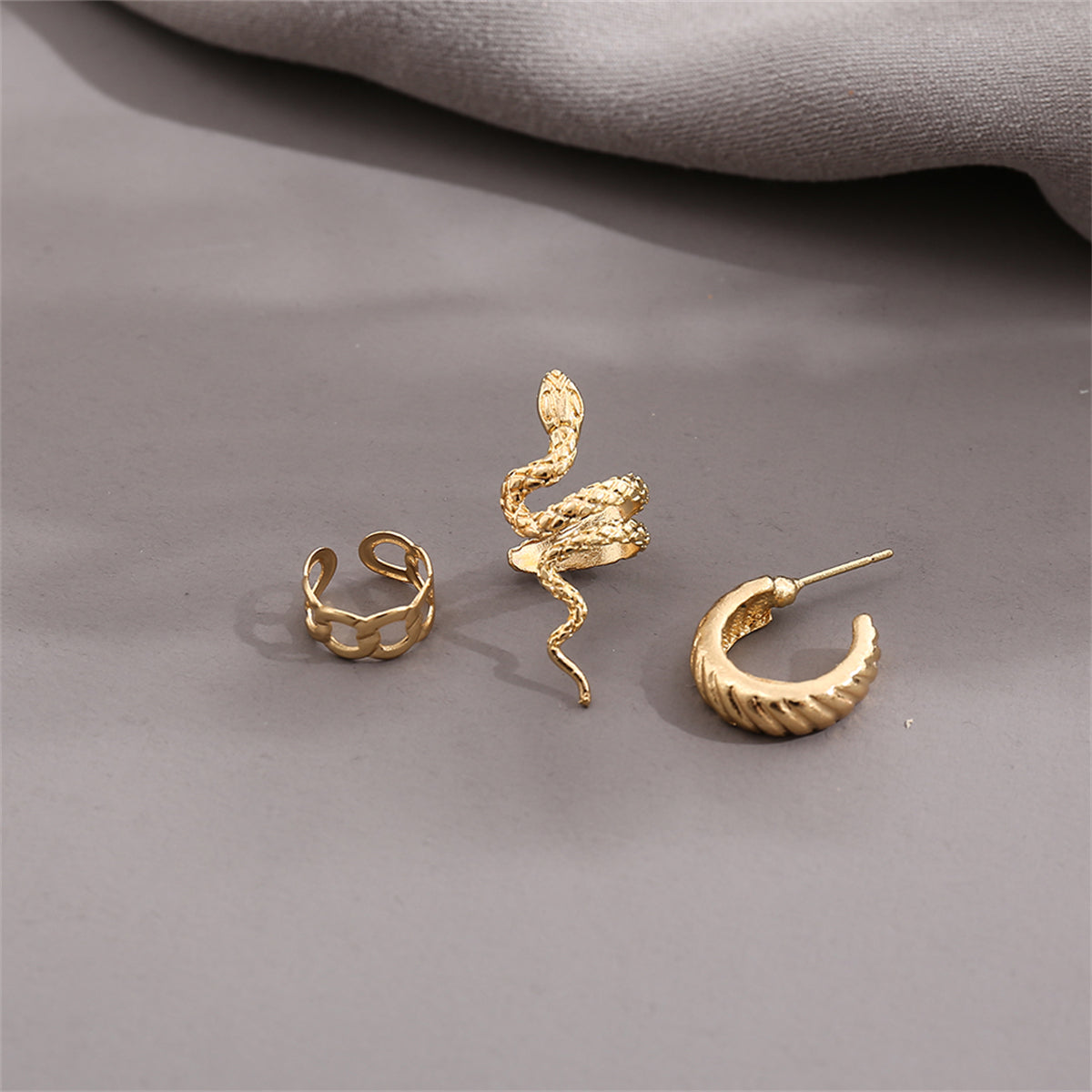 18K Gold-Plated Snake Ear Cuff Set, gold hoop earrings for women, vintage-inspired design, styled look