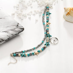 Turquoise & Silver-Plated Beaded Wave Layered Anklet