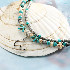Turquoise & Silver-Plated Beaded Wave Layered Anklet