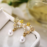 Pearl & Cubic Zirconia Enamel 18K Gold-Plated Butterfly Drop Earrings