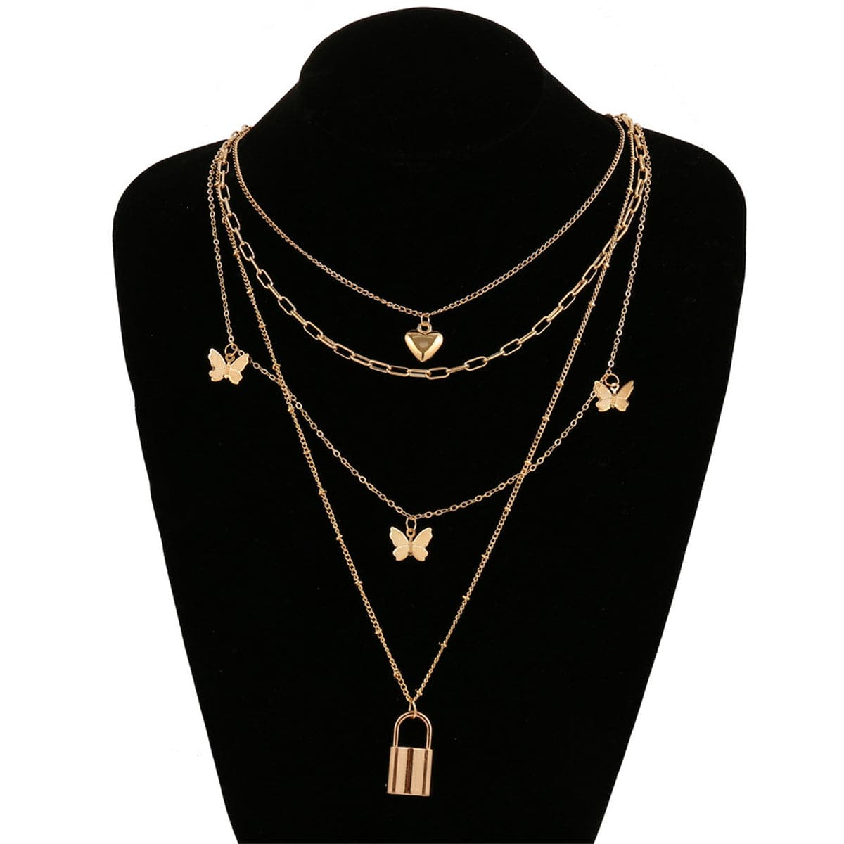 18K Gold-Plated Heart Butterfly Lock Layered Pendant Necklace