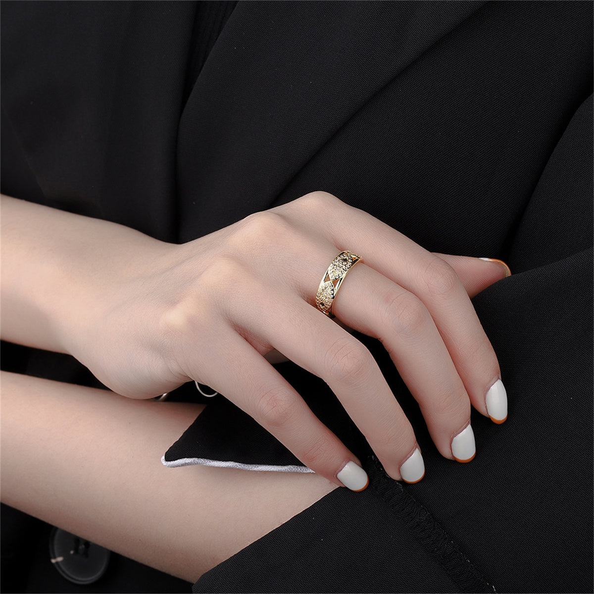 Cubic Zirconia and 18K Gold-Plated Eye Open Band Ring, gold statement rings for women, elegant gift for her, lifestyle look