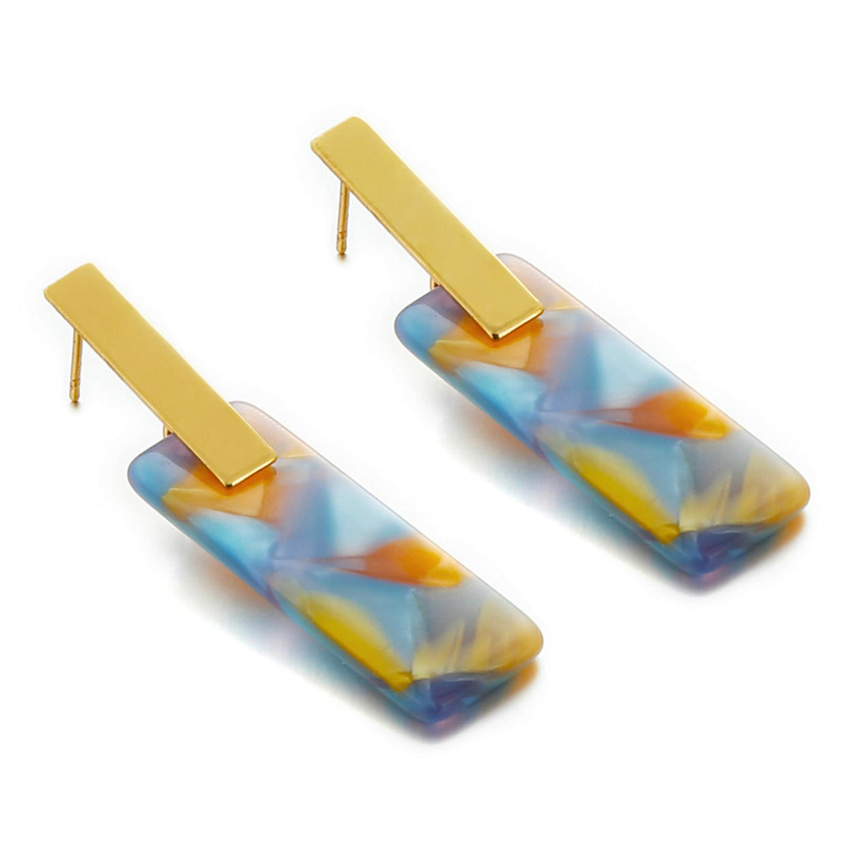 Blue Multicolor Acrylic and 18K Gold-Plated Tortoise Rectangle Drop Earrings, gold drop earrings for women, lifestyle look