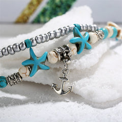 Turquoise & Silver-Plated Beaded Anchor Layered Anklet