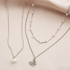 Cubic Zirconia & Pearl Silver-Plated Butterfly Necklace Set