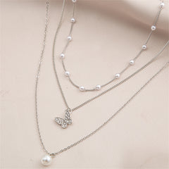 Cubic Zirconia & Pearl Silver-Plated Butterfly Necklace Set