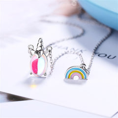 Moonstone & Enamel Silver-Plated Rainbow Unicorn Pendant Necklace