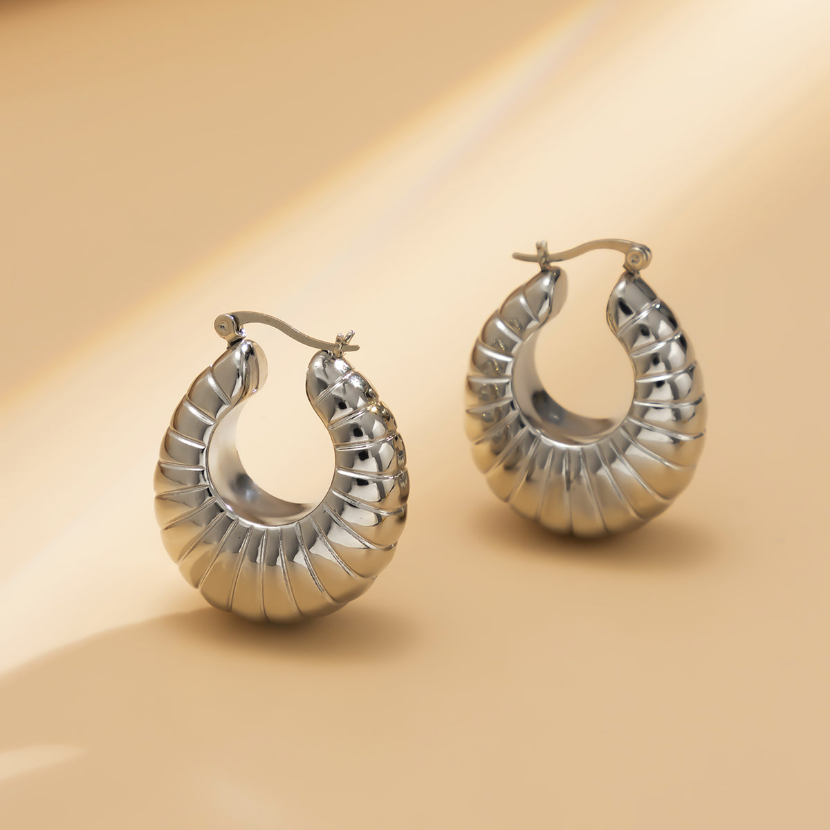 Silver-Plated Ribbed U-Shape Drop Earrings, silver stud earrings for women, everyday style, styled look