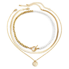 Stylish layered necklace set with a pearl and gold coin, featuring a luxurious 18K gold-plated toggle clasp.