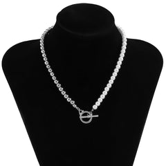 Pearl & Silver-Plated Half Bead Chain Toggle Necklace
