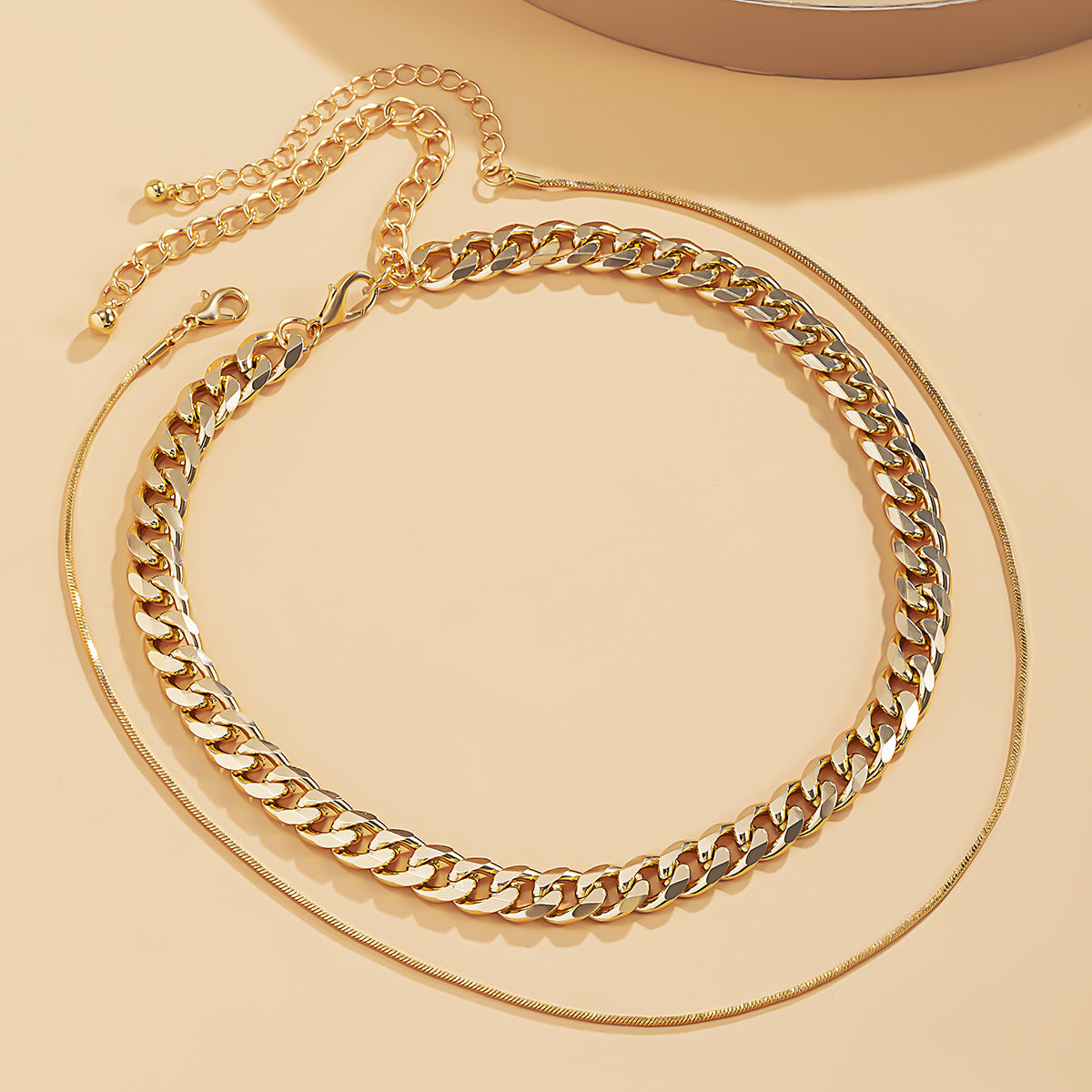 18K Gold-Plated Curb Chain Choker Necklace and Mini Herringbone Chain, jewelry gift sets for women, lifestyle look