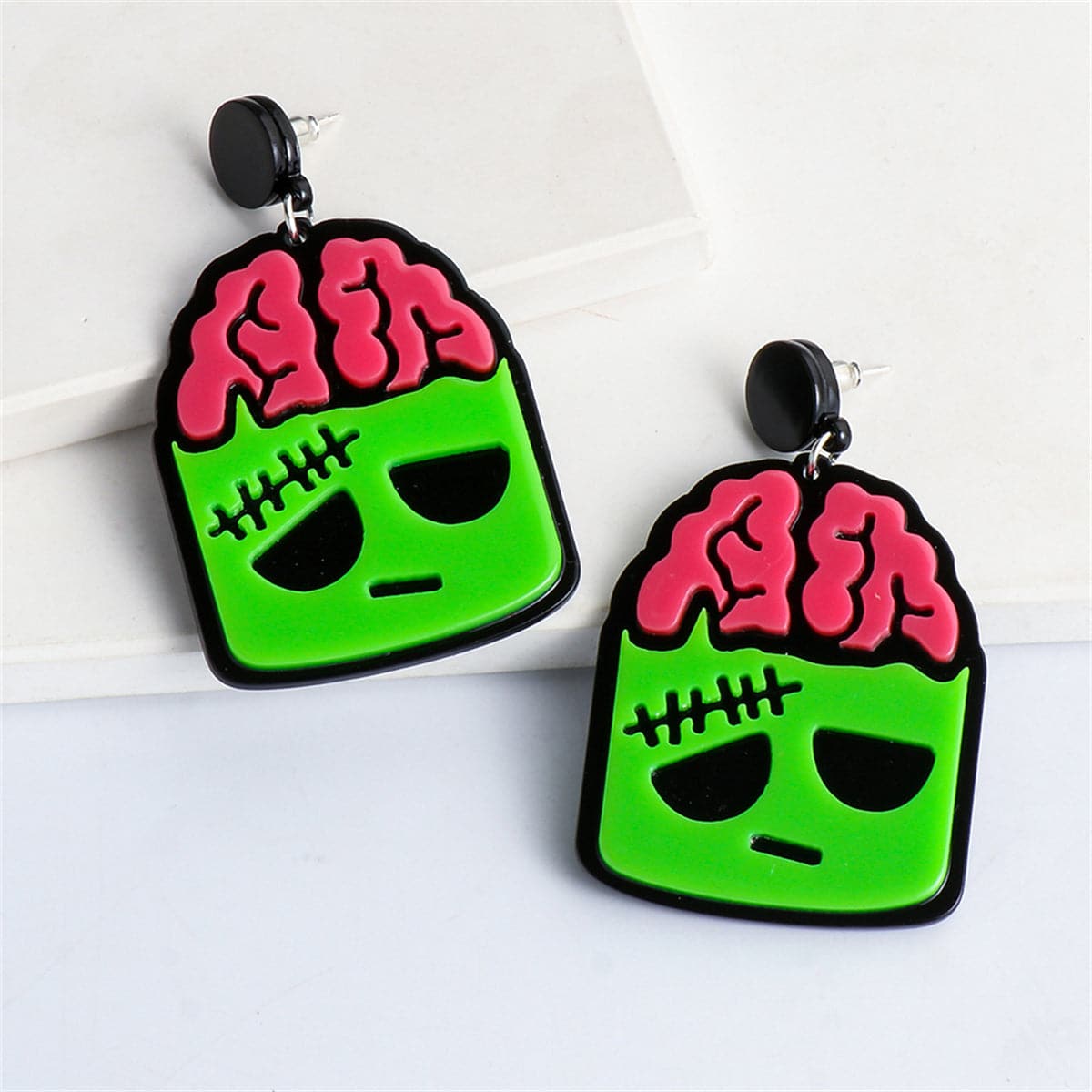 Green Acrylic and Silver-Plated Zombie Drop Earrings, silver drop earrings for women, everyday style, styled look