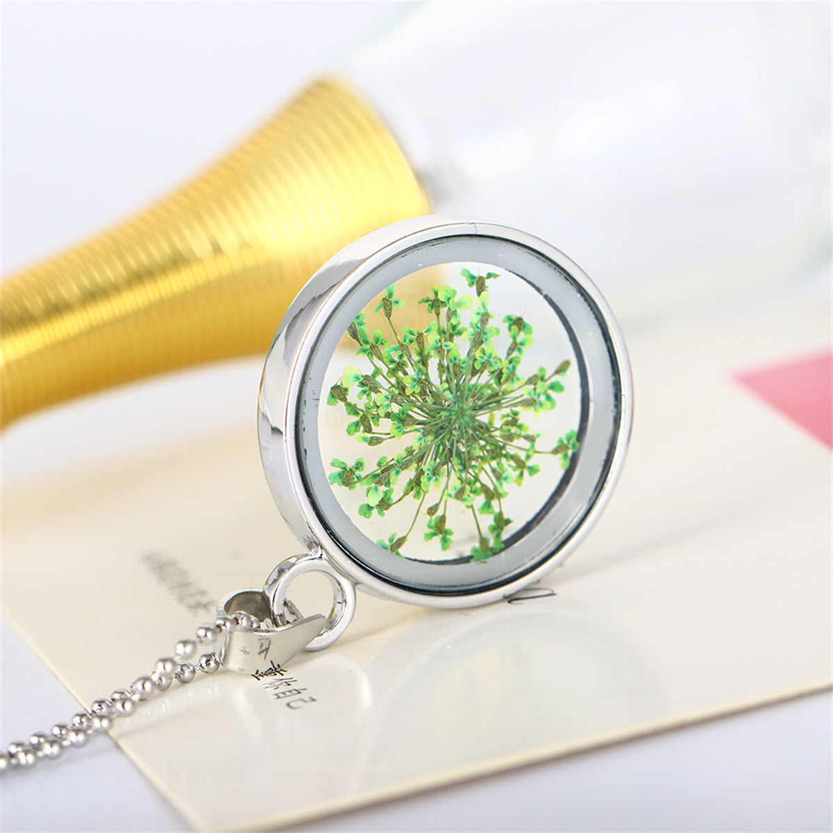 Green Gypsophila and Silver-Plated Round Pendant Necklace, silver pendant necklace for women, lifestyle look