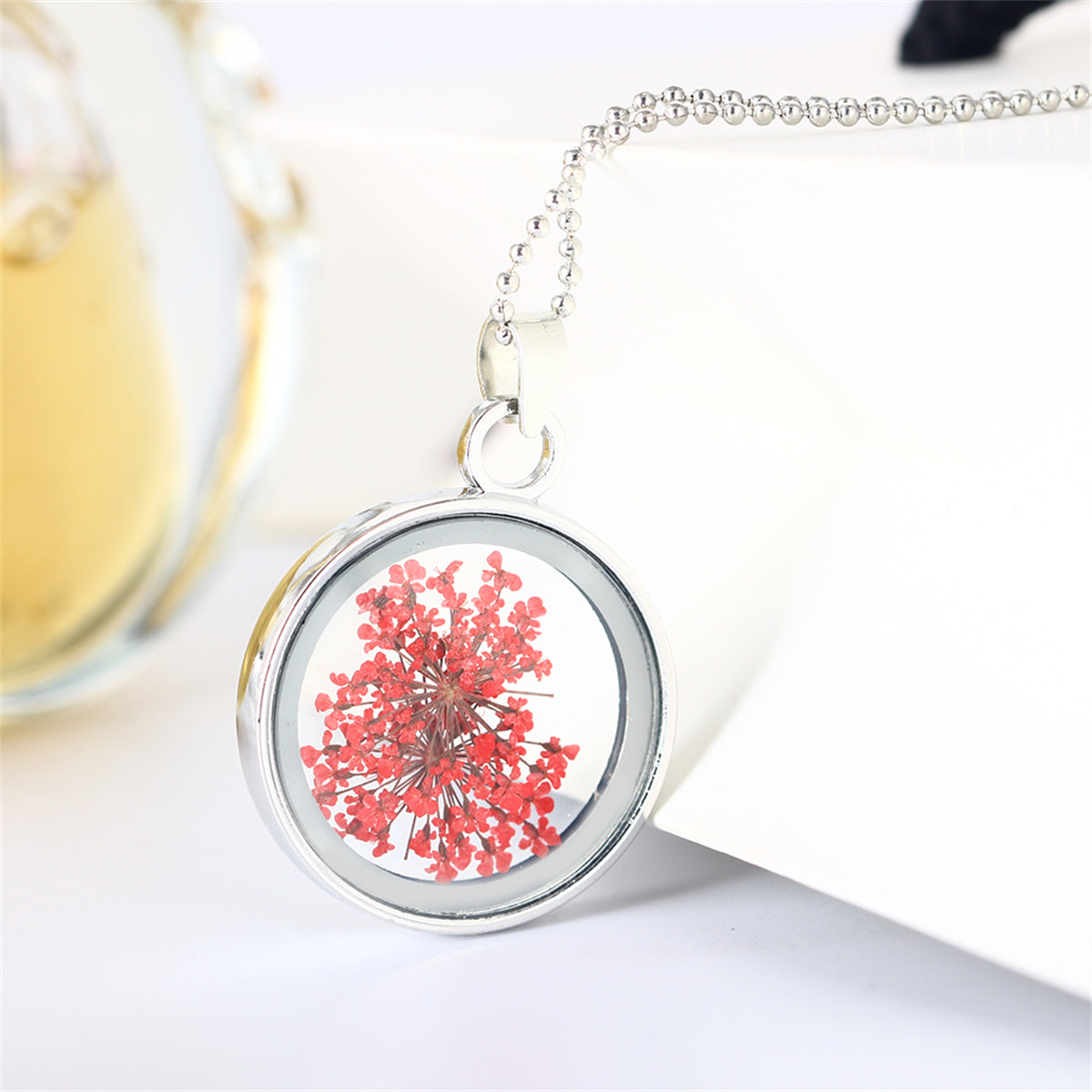 Red Gypsophila and Silver-Plated Round Pendant Necklace, silver pendant necklace for women, lifestyle look