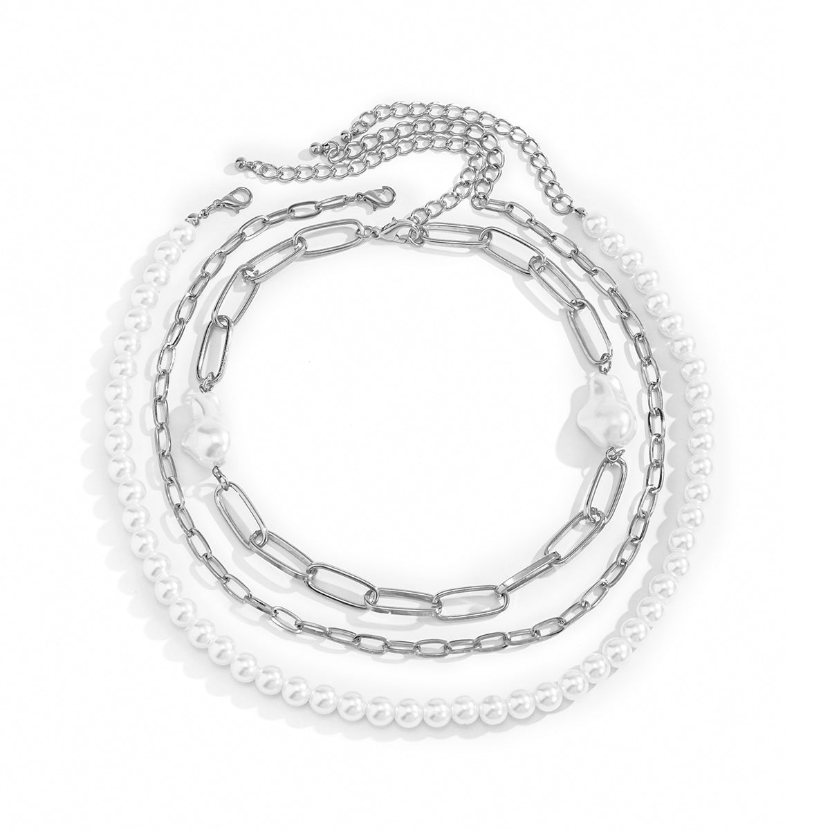 Pearl & Silver-Plated Figaro Chain Necklace Set