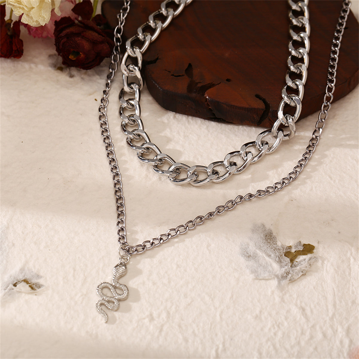 Silver-Plated Figaro Chain Snake Layered Pendant Necklace, silver pendant necklace for women, lifestyle look