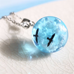 Blue Resin & Silver-Plated Cloud Bird Round Pendant Necklace
