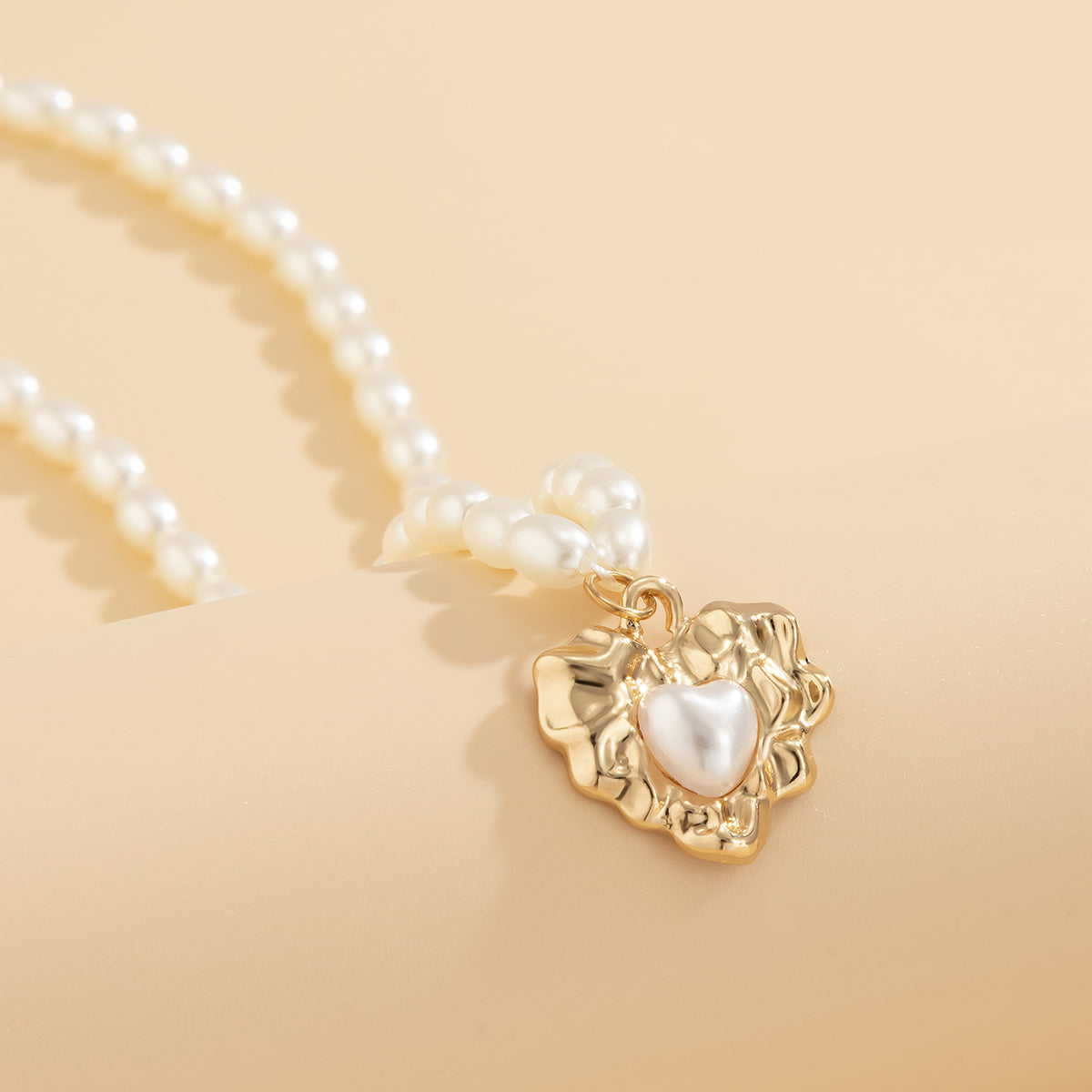 Pearl and 18K Gold-Plated Wrinkled Heart Pendant Necklace, gold pendant necklace for women, botanical inspired, styled look