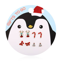 Red Enamel & Cubic Zirconia Reindeer Christmas Tree Stud Earrings Set