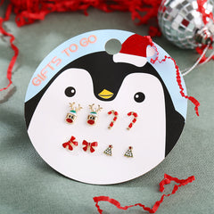 Red Enamel & Cubic Zirconia Reindeer Christmas Tree Stud Earrings Set