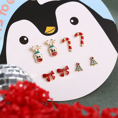 Red Enamel & Cubic Zirconia Reindeer Christmas Tree Stud Earrings Set