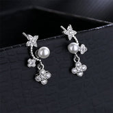 Pearl & Cubic Zirconia Silver-Plated Floral Bezel-Set Drop Earrings
