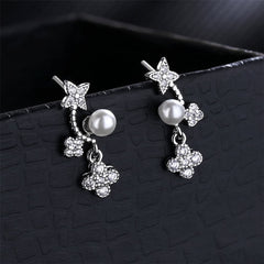 Pearl & Cubic Zirconia Silver-Plated Floral Bezel-Set Drop Earrings