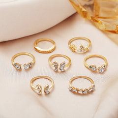 Cubic Zirconia & 18K Gold-Plated Butterfly Floral Ring Set