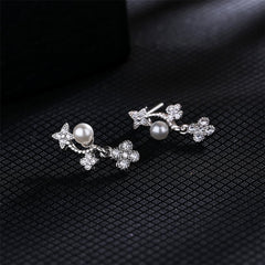 Pearl & Cubic Zirconia Silver-Plated Floral Bezel-Set Drop Earrings