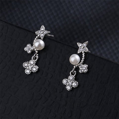 Pearl & Cubic Zirconia Silver-Plated Floral Bezel-Set Drop Earrings