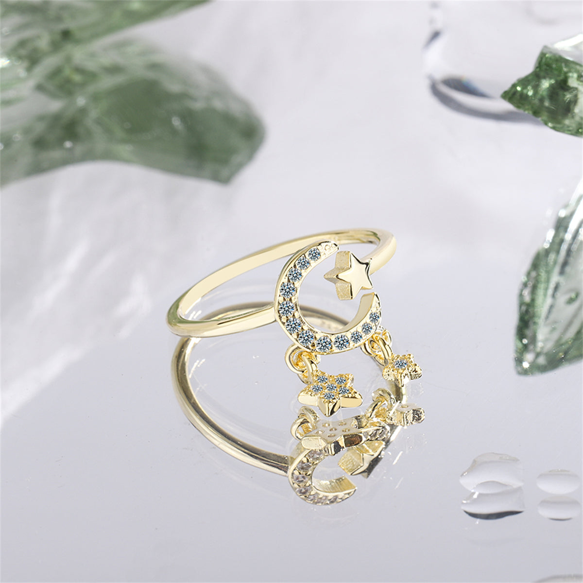 Cubic Zirconia and 18K Gold-Plated Celestial Star Tassel Open Ring, gold statement rings for women, detail close-up