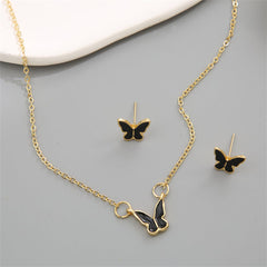 Black Enamel & 18K Gold-Plated Butterfly Pendant Necklace Set