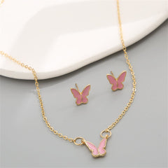 Pink Enamel & 18K Gold-Plated Butterfly Pendant Necklace & Stud Earrings