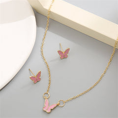 Pink Enamel & 18K Gold-Plated Butterfly Pendant Necklace & Stud Earrings