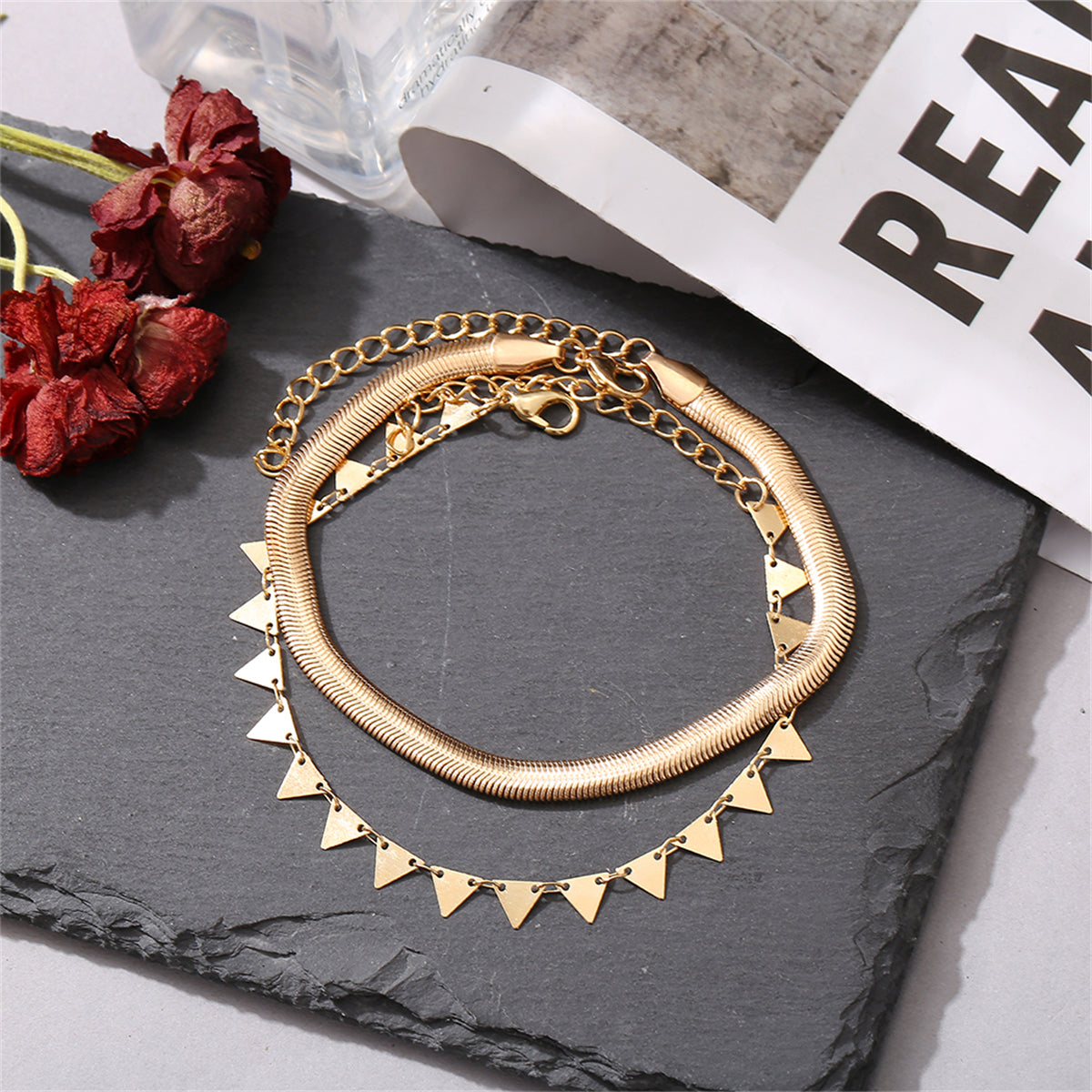 18K Gold-Plated Snake Chain & Triangle Station Anklet Set