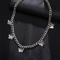 Silver-Plated Curb Chain Butterfly Station Choker Necklace