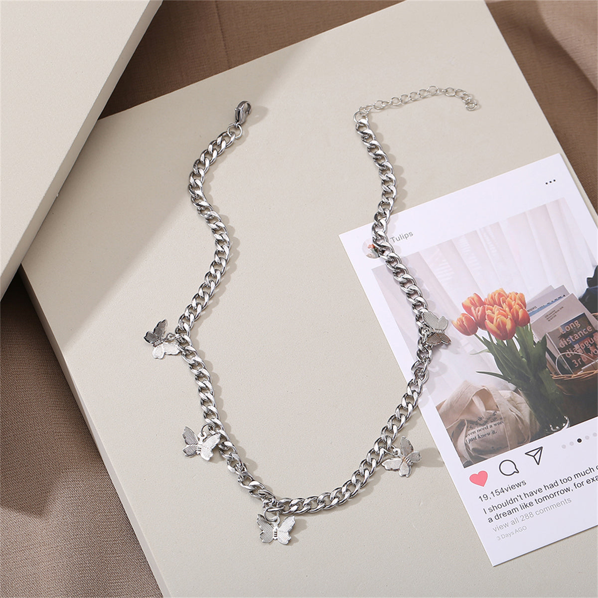 Silver-Plated Curb Chain Butterfly Station Choker Necklace