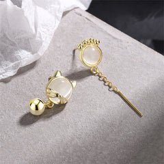 White Cat Eye & 18K Gold-Plated Kitty Mismatching Drop Earrings