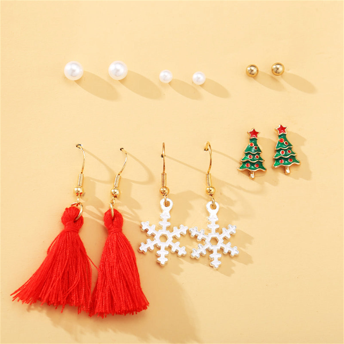Pearl and Polyster 18K Gold-Plated Snowflake Holiday Earring Set, gold stud earrings for women, styled look