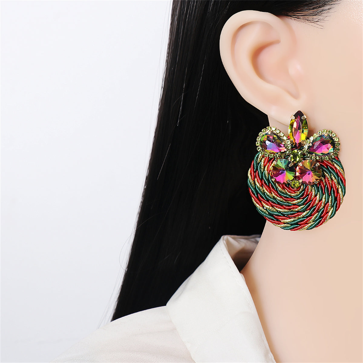 Green and Red Crystal Butterfly Round Rope Drop Earrings, drop earrings for women, everyday style, lifestyle look