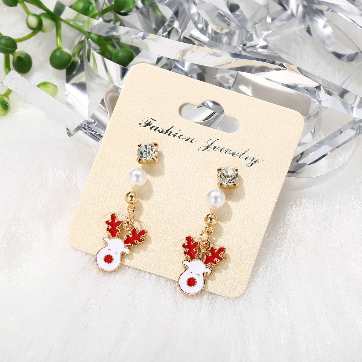 Cubic Zirconia and Pearl Enamel 18K Gold-Plated Reindeer Dangle Earring, gold stud earrings for women, styled look