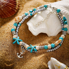 Turquoise & Silver-Plated Beaded Anchor Layered Anklet