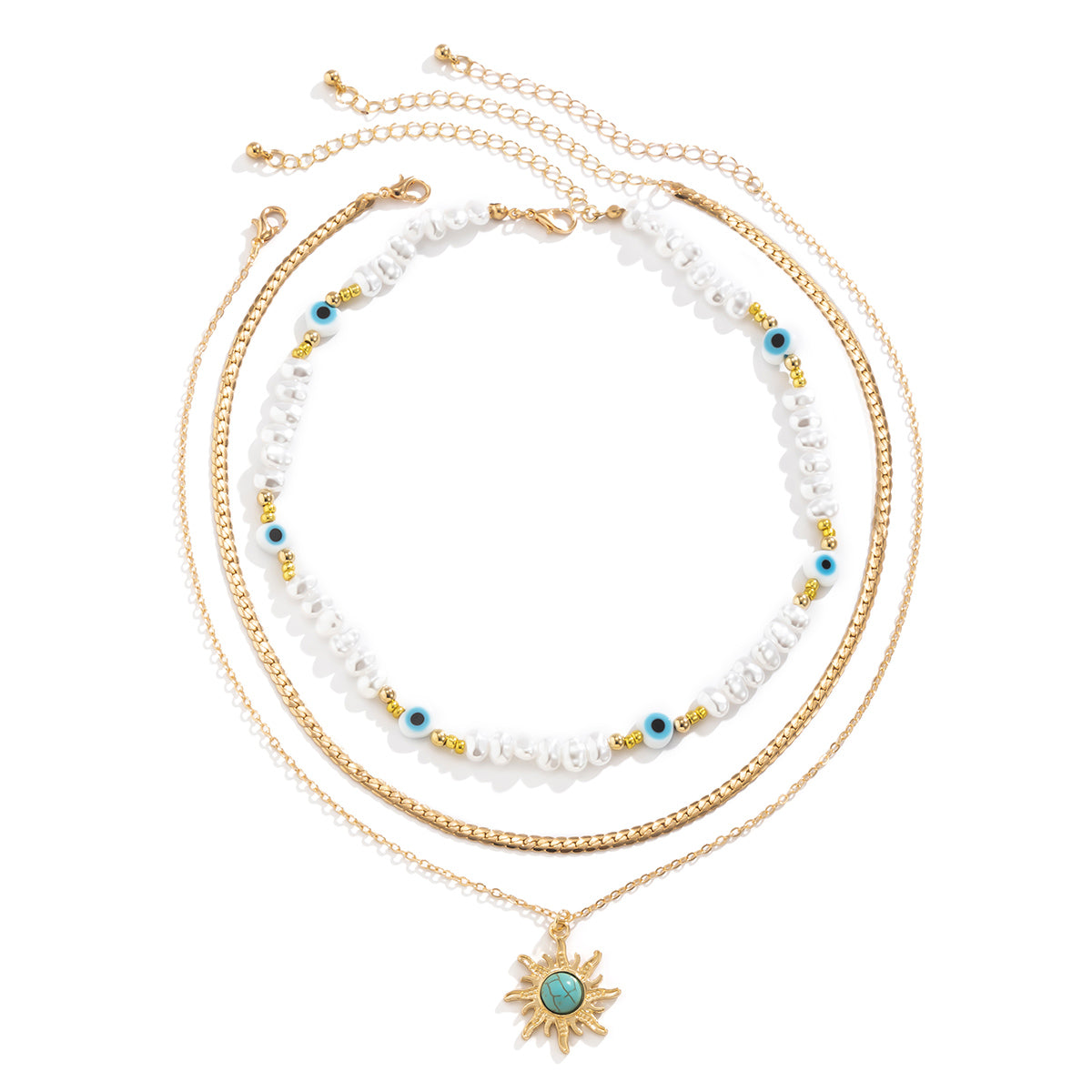 Turquoise and Pearl Sun Necklace Set, jewelry gift sets for women, dainty minimalist design, styled look