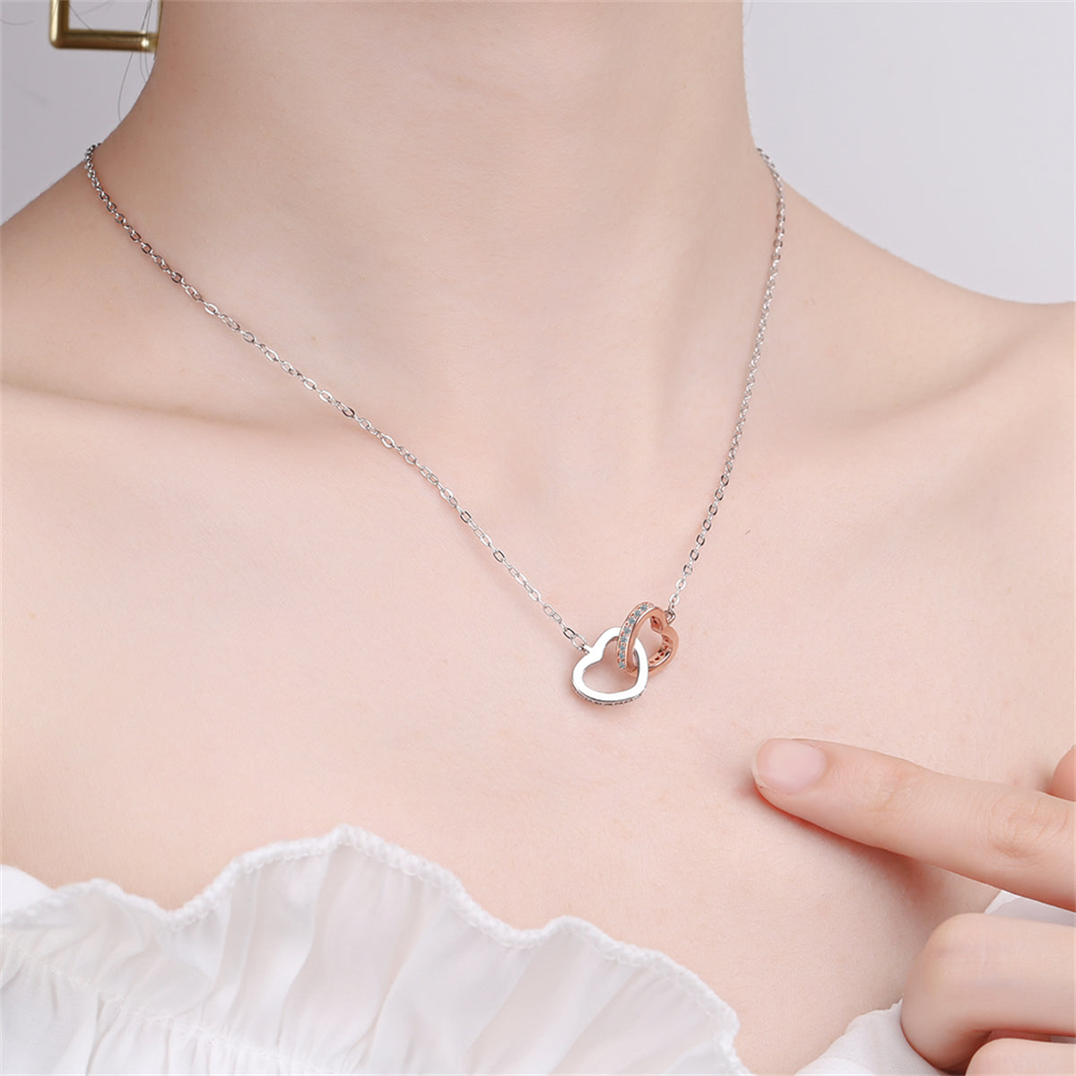 Cubic Zirconia and Two Tone Interlocked Heart Pendant Necklace, pendant necklace for women, botanical inspired, styled look