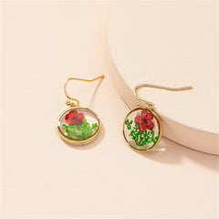 Red Peach Blossom & 18K Gold-Plated Pressed Flower Round Drop Earrings