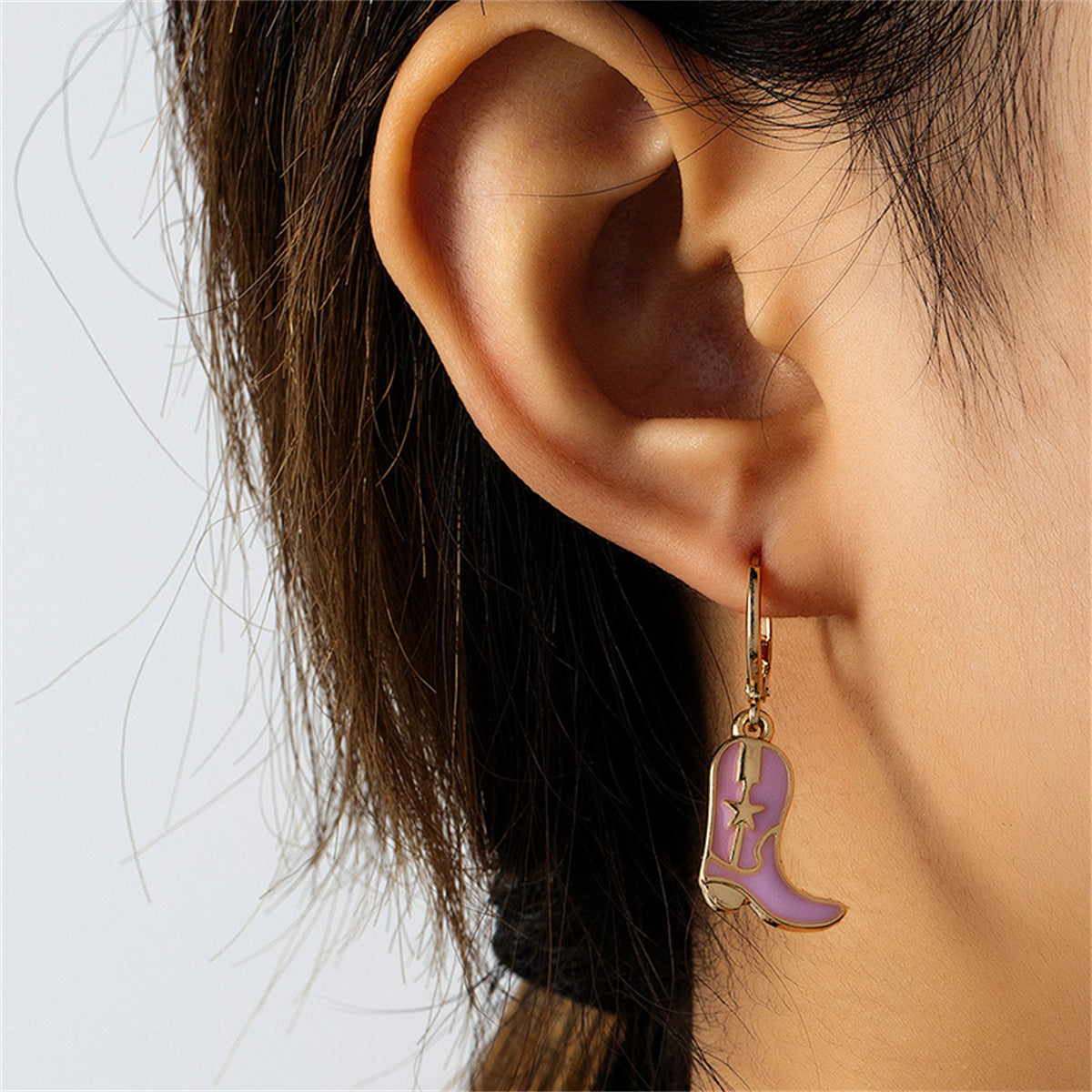 Pink Enamel and 18K Gold-Plated Star Boot Drop Earrings, gold huggie earrings, botanical inspired, styled look